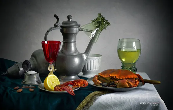 Wine, lemon, glass, crab, pitcher, almonds
