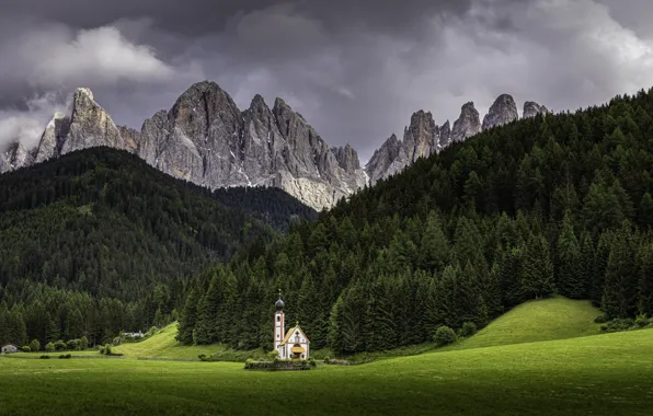 Picture Mountain Landscape, Church of Funes, Holidays Italy
