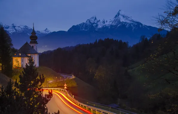 Road, landscape, mountains, night, nature, Germany, Bayern, lighting