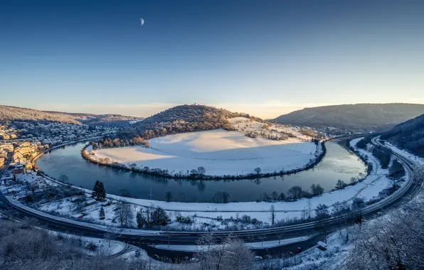 Picture winter, road, snow, mountains, river