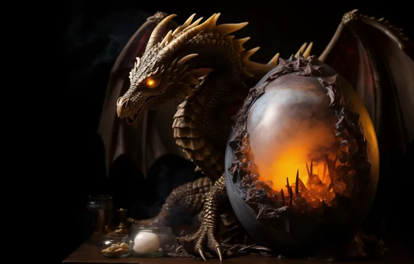 Table, fire, dragon, egg, wings, fantasy, black background, burning eyes