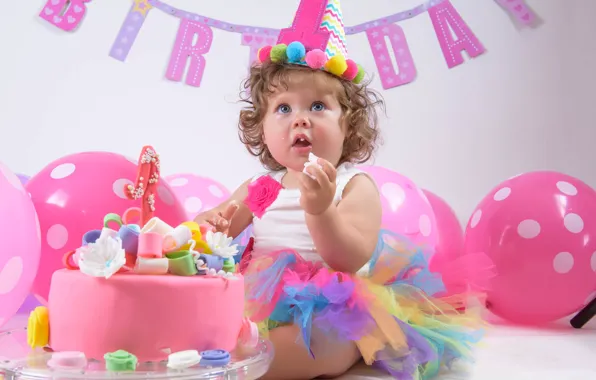 Balls, balloons, birthday, holiday, girl, cake, baby