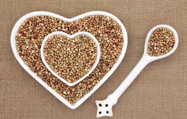 Background, heart, spoon, dishes, Krupa, buckwheat