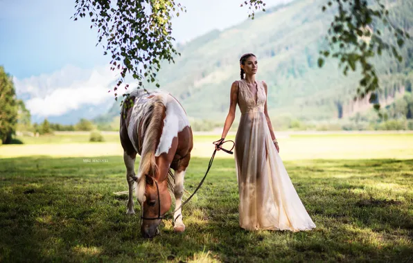 Field, girl, the sun, photo, horse, dress, Miki Macovei Come With, Matea