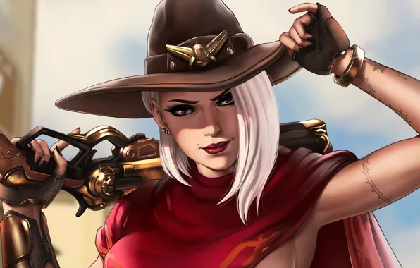 Picture girl, hat, art, Ashe, Overwatch, Ash, by Dandonfuga