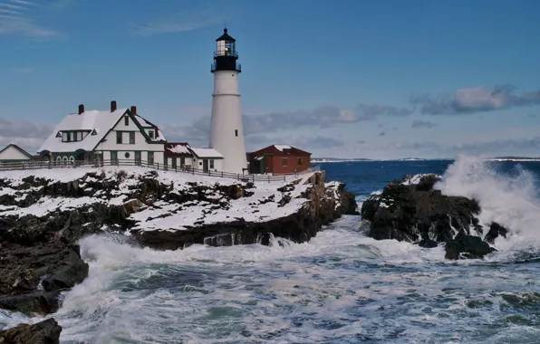Picture rocks, coast, lighthouse, surf, Bay, Cape Elizabeth, Portland Head Light