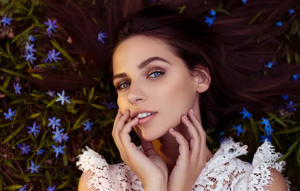Grass, look, flowers, face, pose, model, portrait, hands