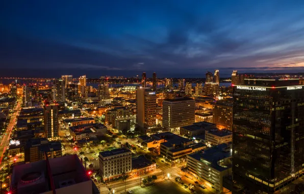 Picture night, lights, coast, home, CA, USA, megapolis, street