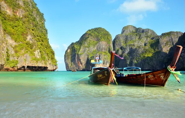 Sea, beach, mountains, boats, Thailand