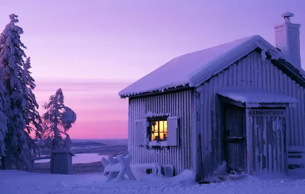 Winter, the evening, House, snow.