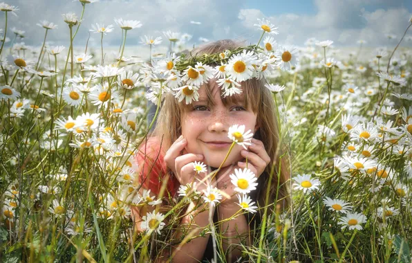 Field, summer, the sky, childhood, face, smile, portrait, chamomile