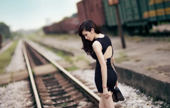 Summer, girl, shoes, station, dress, railroad, trains, brown hair