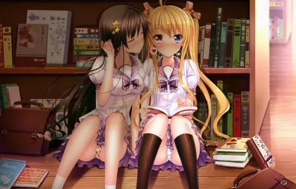 Books, skirt, blush, sitting, two girls, school uniform, long hair, blonde hair