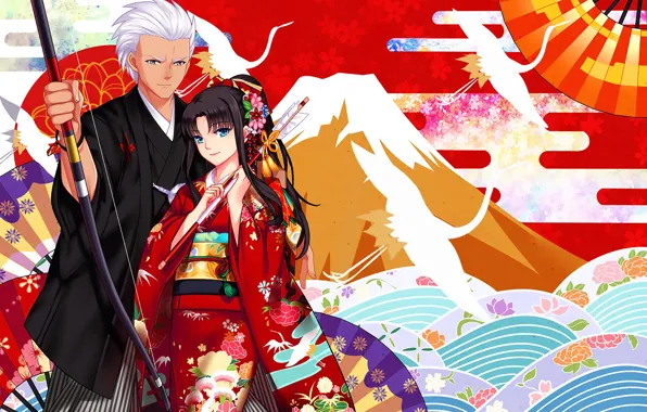 Girl, anime, art, guy, two, Rin, Archer, Fate / Stay Night