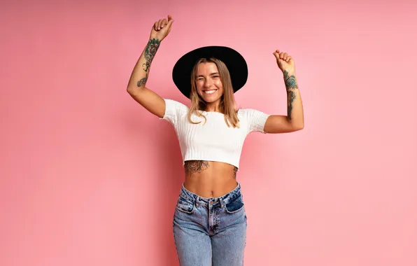 Picture girl, hat, woman, young, tattoo, jeans, look, tank top