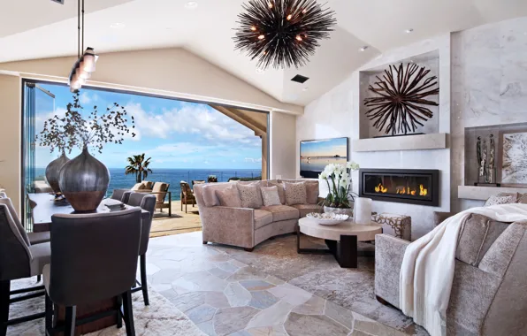 Sea, flowers, design, table, sofa, view, chandelier, fireplace