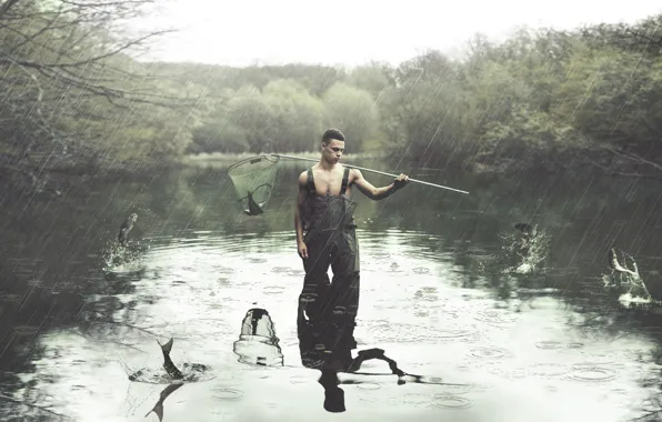Picture rain, fishing, guy