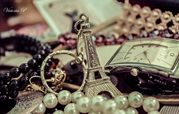 Decoration, Paris, watch, perfume, pearl, keychain, accessories, Calvin Klein