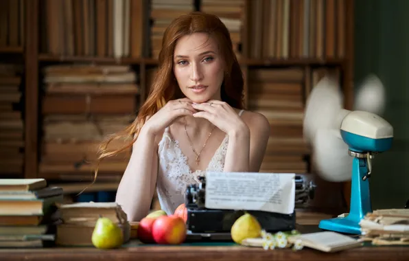 Look, girl, face, pose, books, fan, hands, red