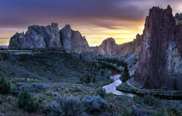 Rock, Oregon, Sunset, River, Smith Rock