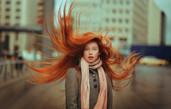 The wind, girl, redhead, coat, Ahmed Hanjoul, The red hair