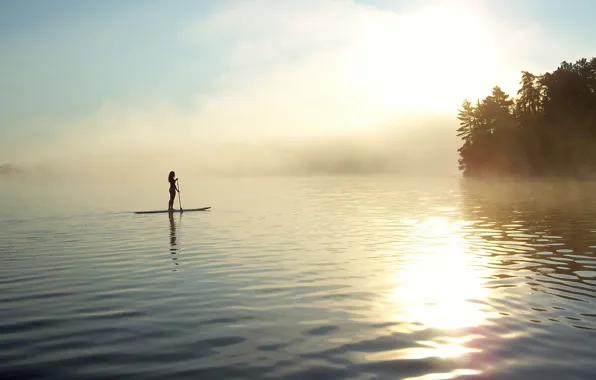 Picture girl, fog, lake, shore, morning, paddle, SUP