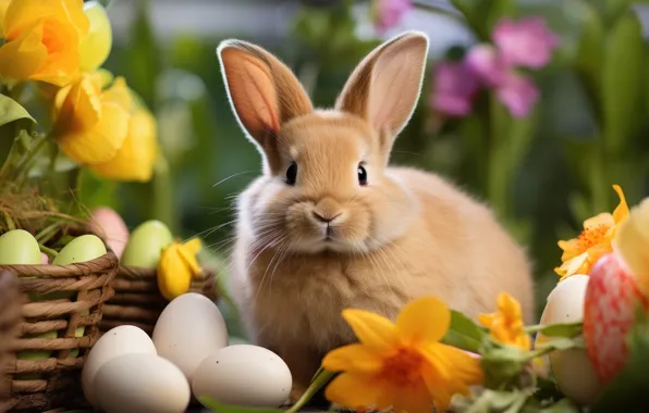 Look, light, flowers, nature, holiday, glade, hare, eggs