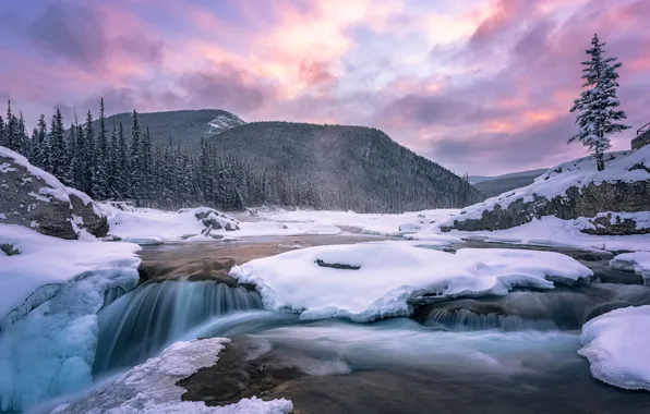 Picture winter, snow, landscape, sunset, mountains, nature, river, waterfall