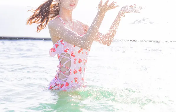 Asian, Water, Woman, Pool, Sunlight, Outdoor, Close Up, Close Shot