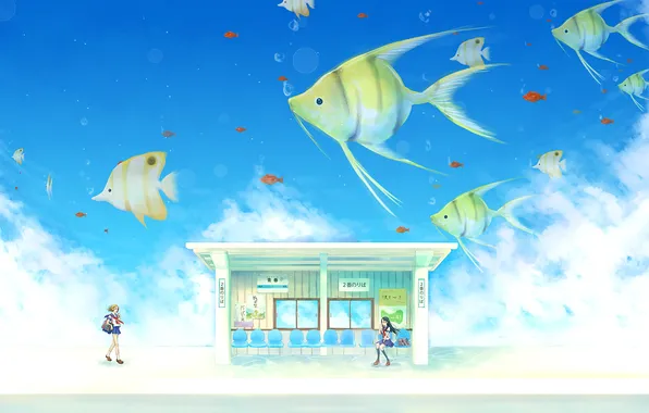 Picture the sky, clouds, fish, girls, anime, art, form, Schoolgirls