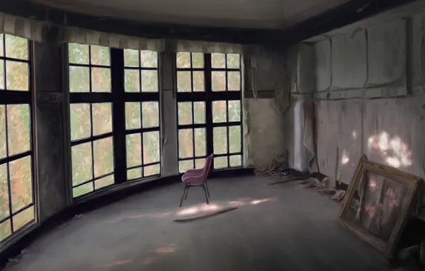 House, room, frame, Windows, picture, art, chair, abandonment
