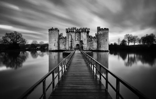 Picture bridge, water, Castle, black and white
