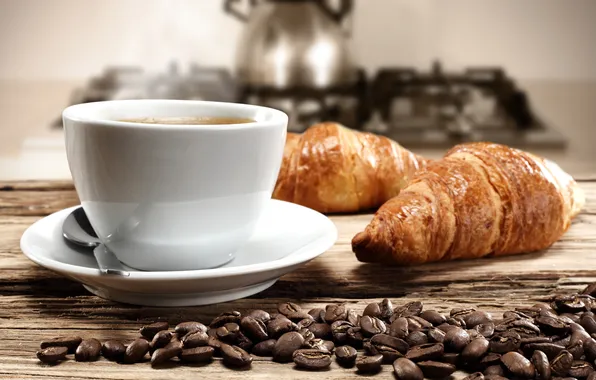 Picture coffee, kettle, coffee beans, croissants