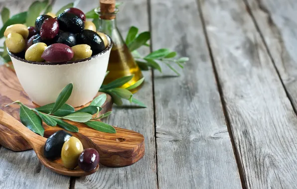 Spoon, bowl, olives, leaves, leaves, spoon, olive oil, olives