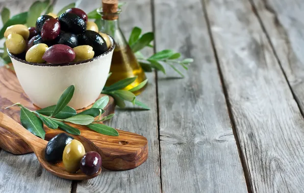 Picture spoon, bowl, olives, leaves, leaves, spoon, olive oil, olives