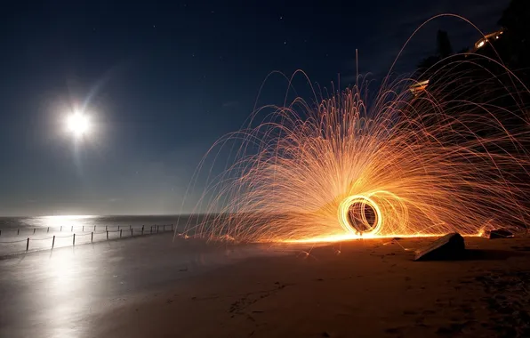 Picture sand, beach, water, night, sparks, beach, night, sparks