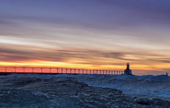 Picture landscape, sunset, lighthouse, ice