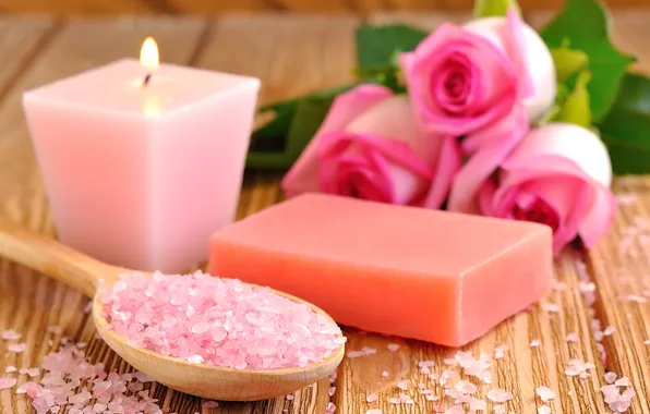Picture flowers, candles, soap, sea salt
