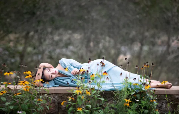 Girl, flowers, nature, pose, garden, lies, kimono, Asian