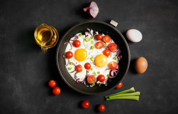 Background, oil, bow, scrambled eggs, tomatoes, oil, Eggs, tomato