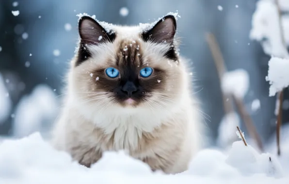 Winter, cat, look, snow, kitty, face, Siamese, ragdoll