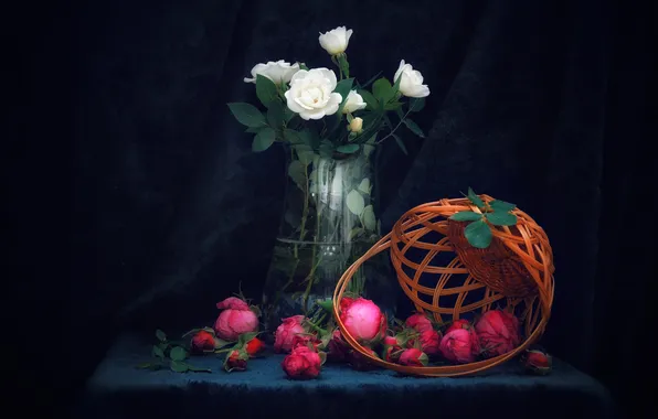 Picture table, Roses, basket, vase with flowers, rosebuds, Juliana Stoyanova