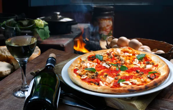Picture table, fire, wine, glass, bottle, kitchen, oven, pizza