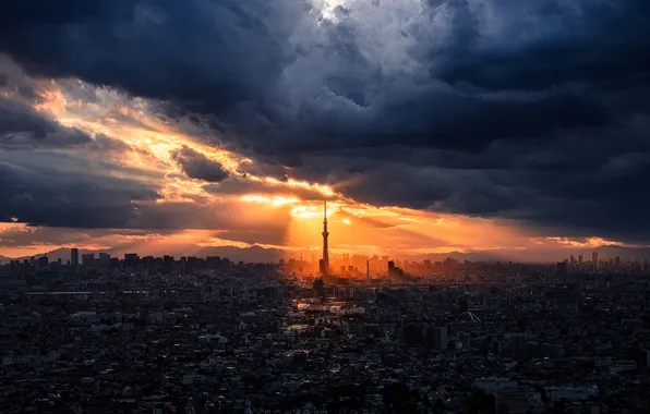 The sky, the sun, clouds, the city, panorama, Tokyo, Japan