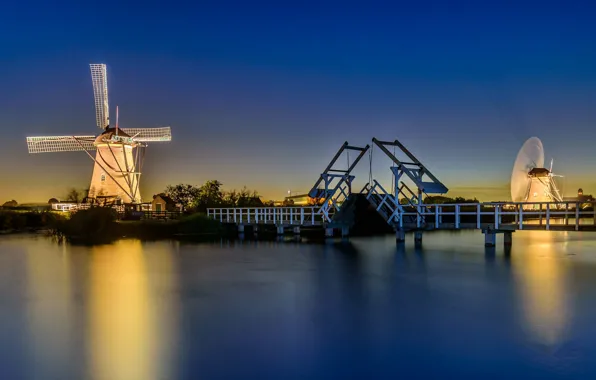 Night, bridge, lights, channel, Netherlands, windmill, Kinderdijk