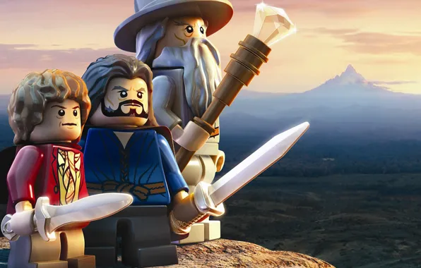 Picture the sky, earth, toys, mountain, staff, swords, Gandalf, LEGO