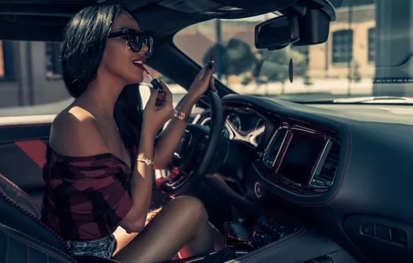 Machine, auto, girl, face, lipstick, brunette, the wheel, glasses