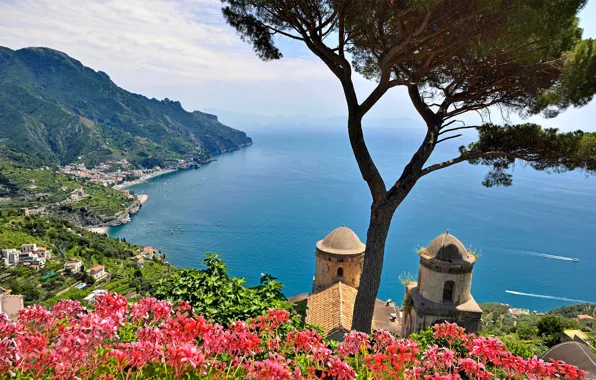 Sea, the sky, trees, flowers, mountains, Italy, Salerno, Ravello