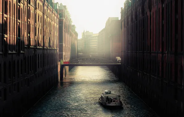 Bridge, Germany, water, buildings, boat, Memory city, Hamburg, canal