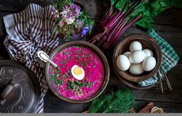 Eggs, tops, dill, soup, still life, beets, beetroot